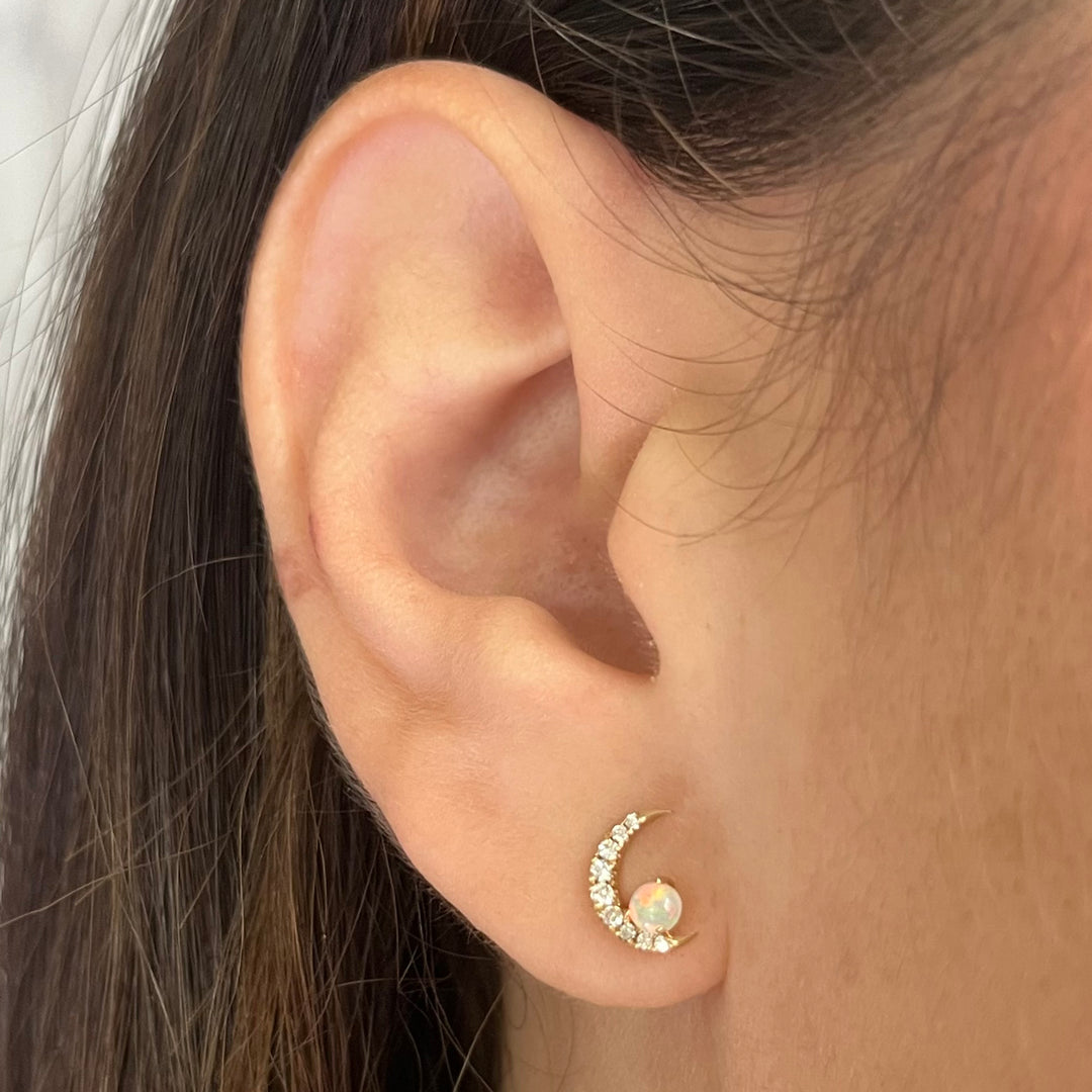 14K Yellow Gold Moon Opal Diamond Stud Earrings