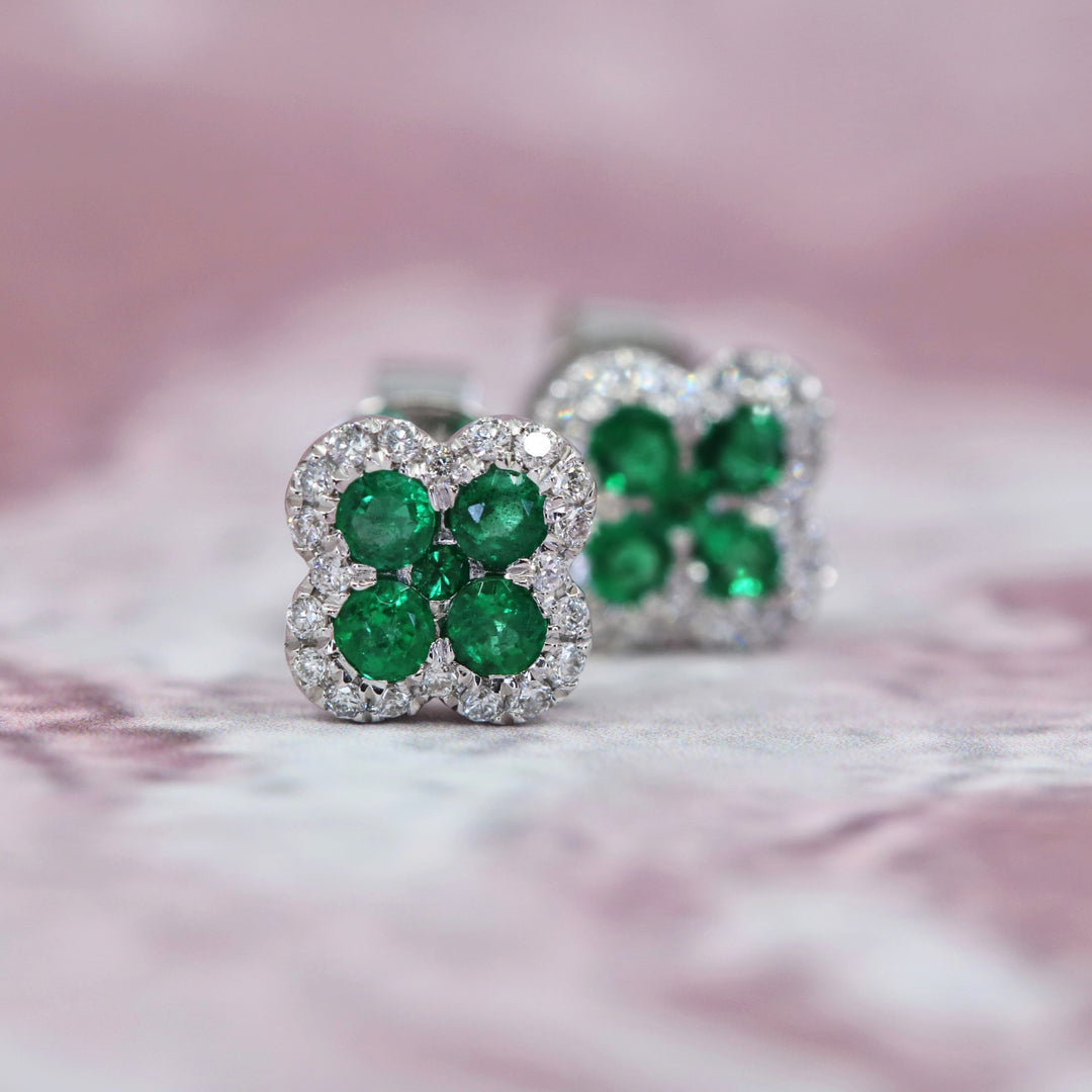 14K White Gold Emerald & Diamond Stud Earrings