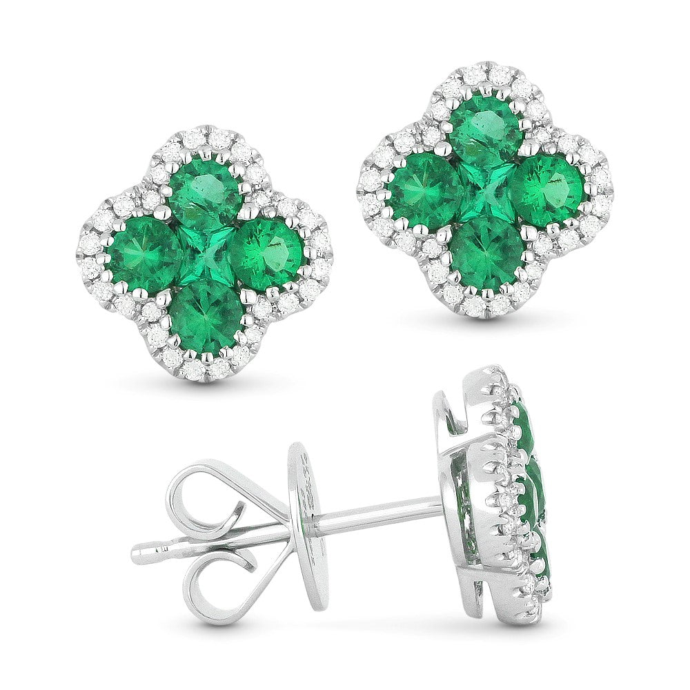 14K White Gold Emerald & Diamond Stud Earrings