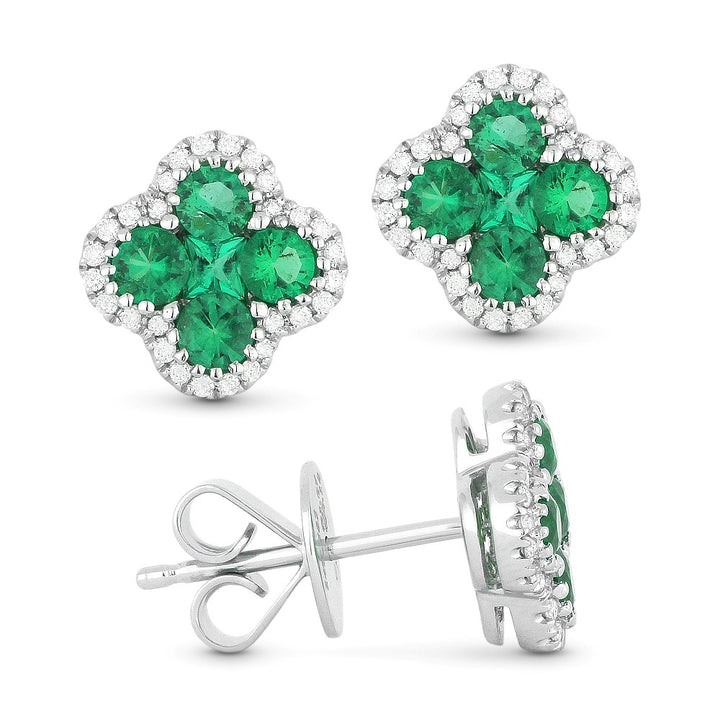 14K White Gold Emerald & Diamond Stud Earrings