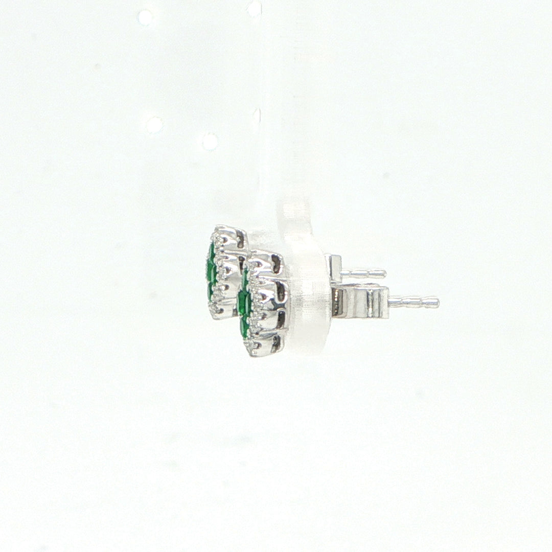 14K White Gold Emerald & Diamond Stud Earrings