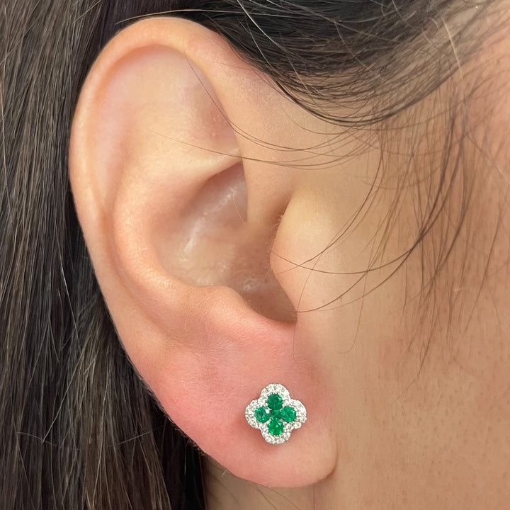14K White Gold Emerald & Diamond Stud Earrings