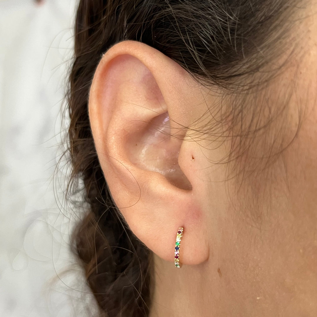 14K Yellow Gold Multicolor Huggie Hoop Earrings
