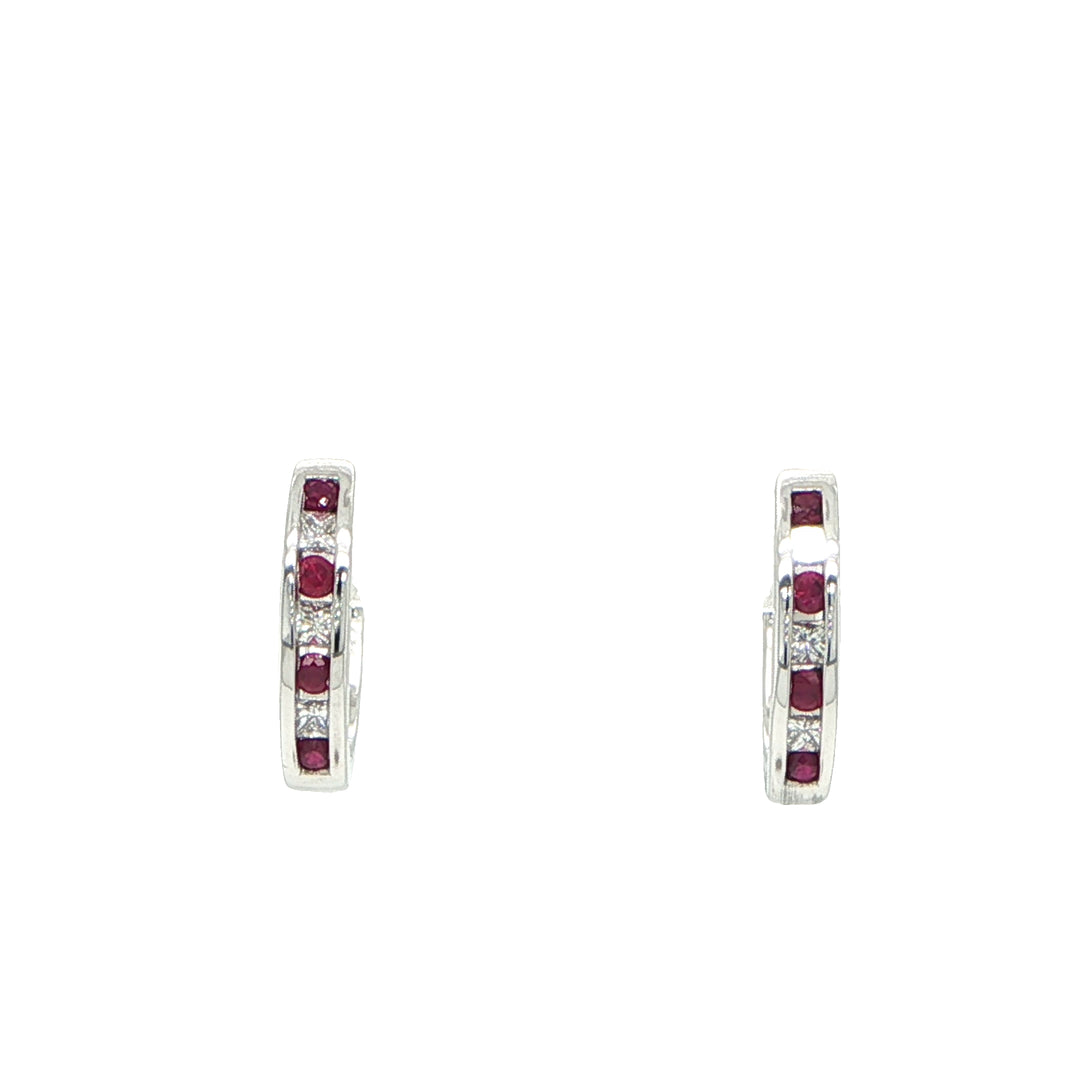 14K White Gold Ruby & Diamond Huggie Earrings