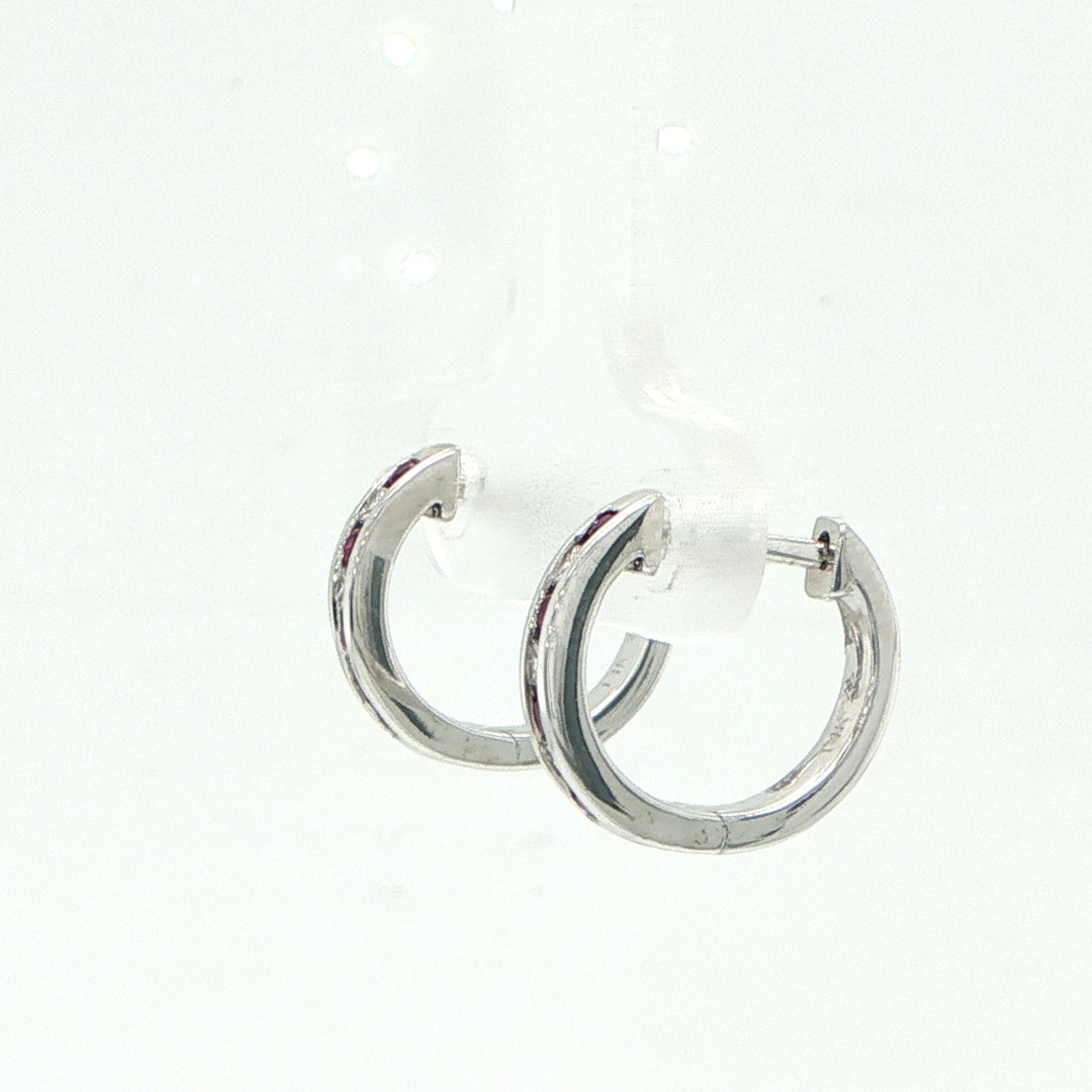 14K White Gold Ruby & Diamond Huggie Earrings