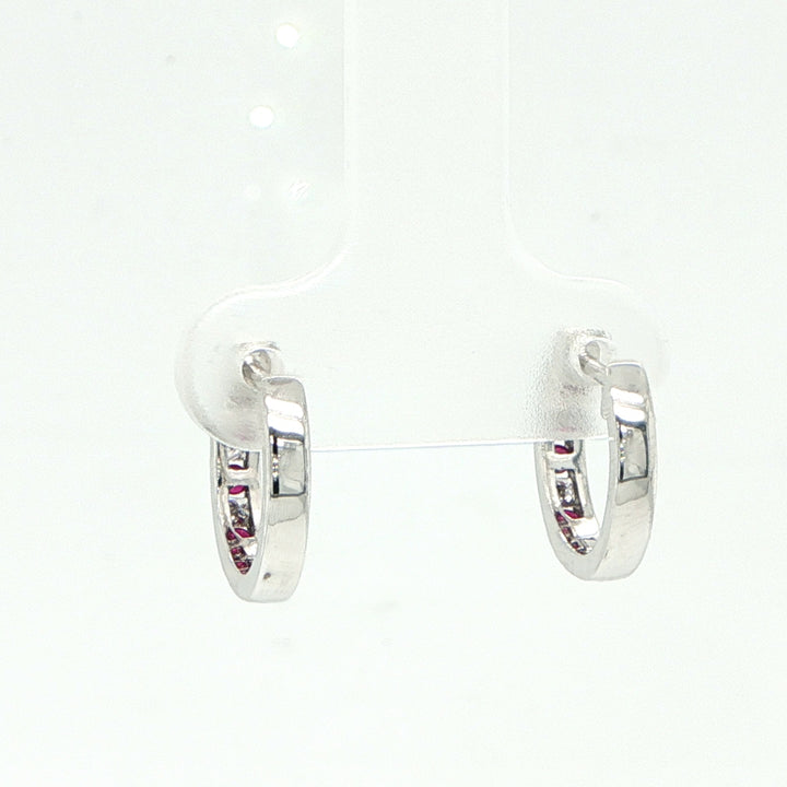 14K White Gold Ruby & Diamond Huggie Earrings