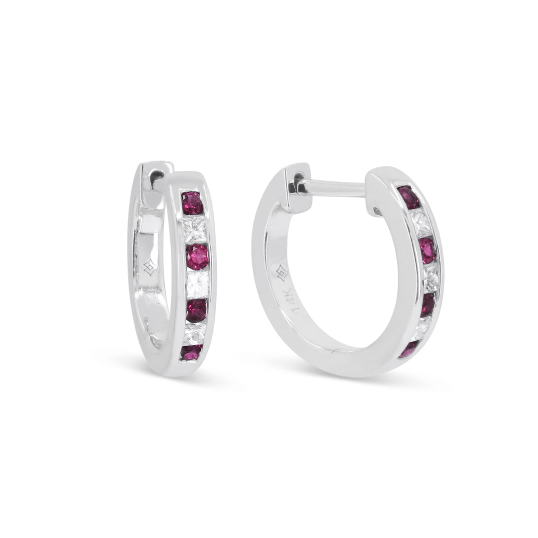 14K White Gold Ruby & Diamond Huggie Earrings