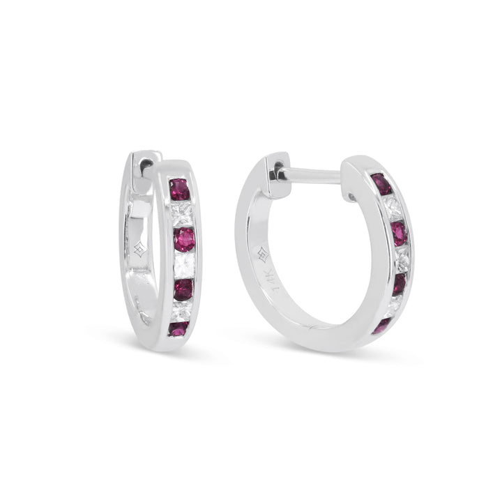 14K White Gold Ruby & Diamond Huggie Earrings