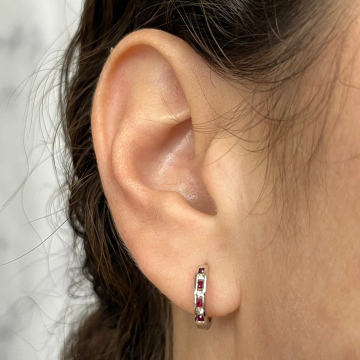 14K White Gold Ruby & Diamond Huggie Earrings