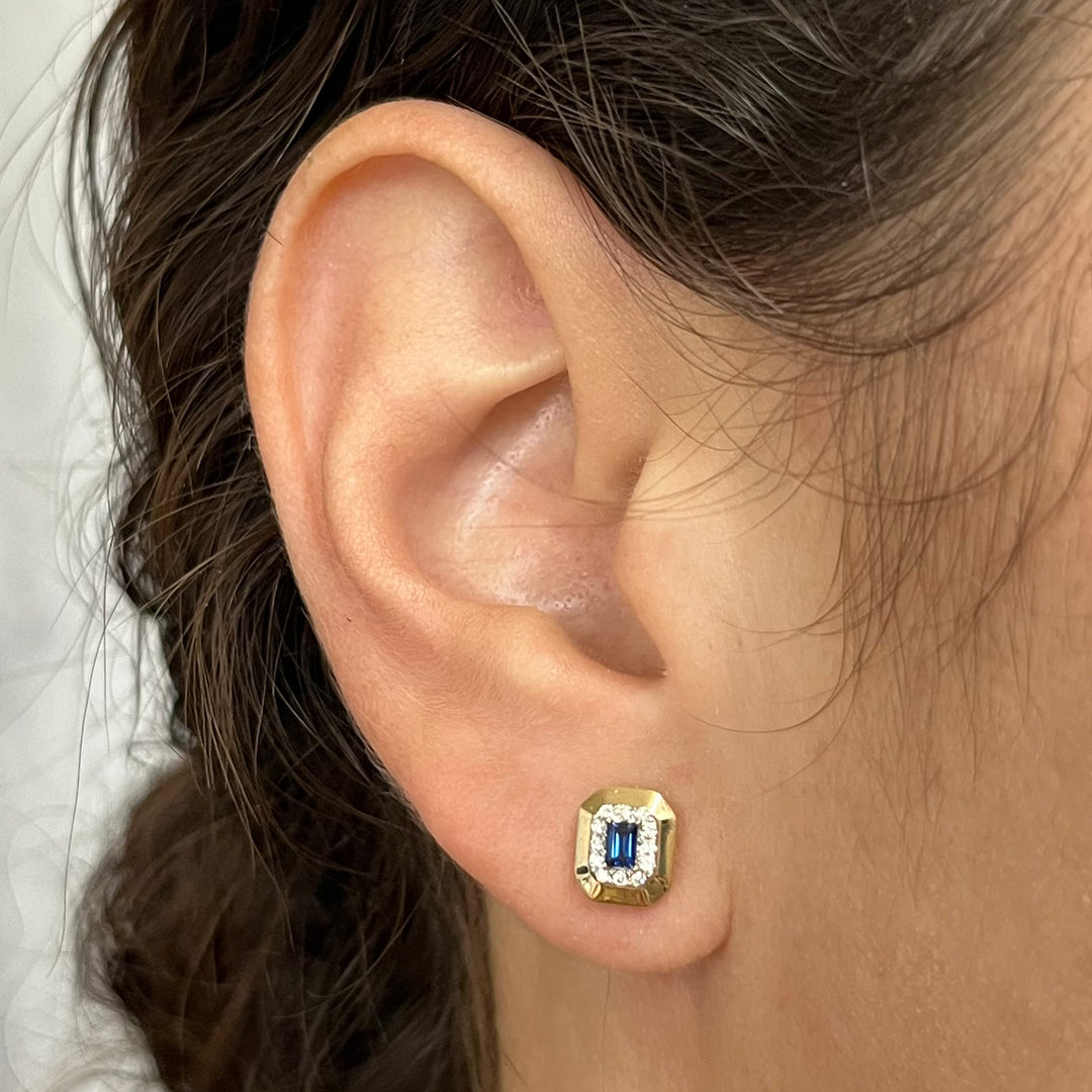 14K Yellow Gold Sapphire & Diamond Stud Earring