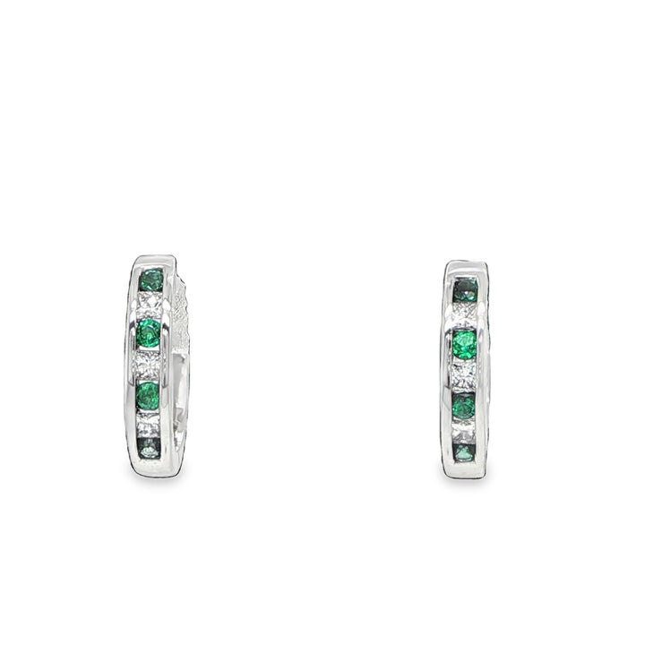 14K White Gold Emerald & Diamond Huggie Earrings