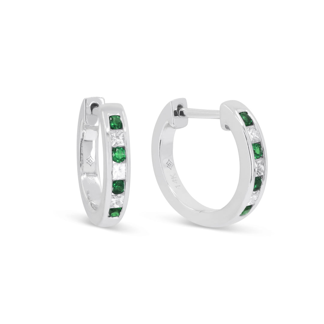 14K White Gold Emerald & Diamond Huggie Earrings