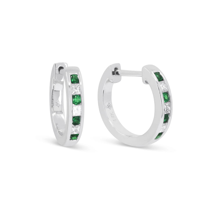 14K White Gold Emerald & Diamond Huggie Earrings