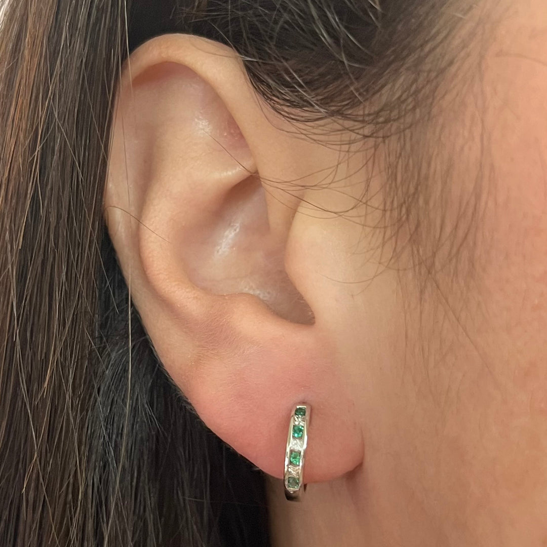 14K White Gold Emerald & Diamond Huggie Earrings