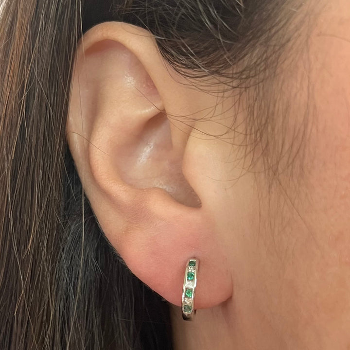 14K White Gold Emerald & Diamond Huggie Earrings