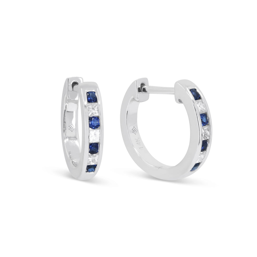 14K White Gold Sapphire & Diamond Huggie Earrings