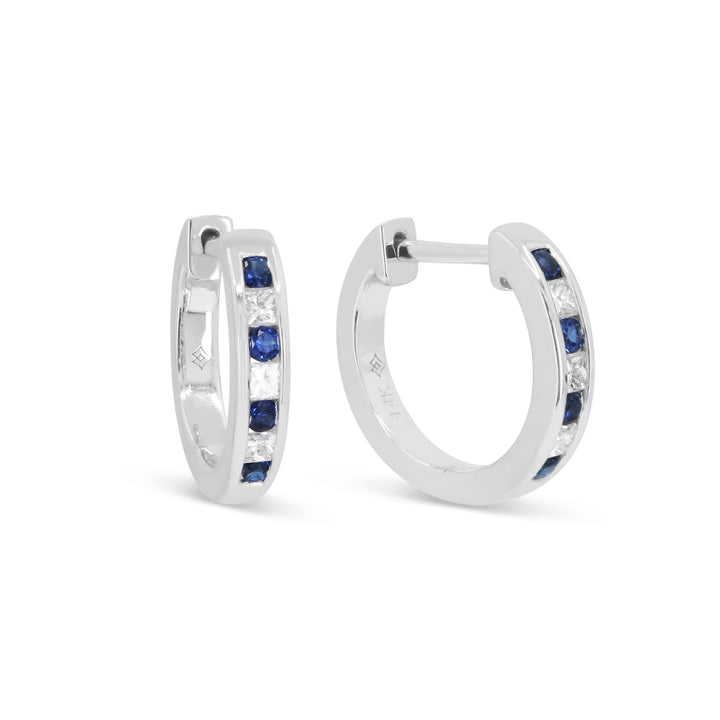 14K White Gold Sapphire & Diamond Huggie Earrings