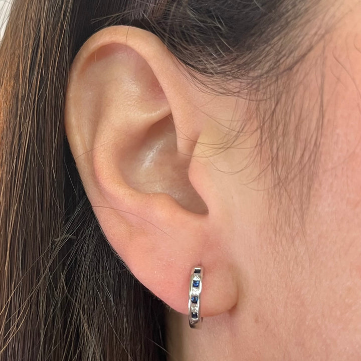 14K White Gold Sapphire & Diamond Huggie Earrings