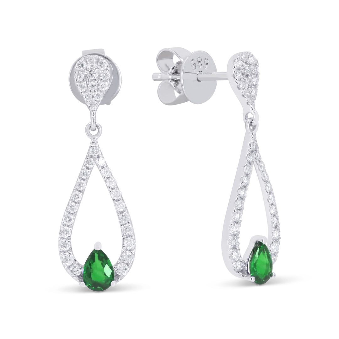 14K White Gold Emerald & Diamond Drop Earrings