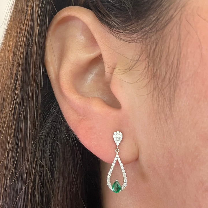 14K White Gold Emerald & Diamond Drop Earrings