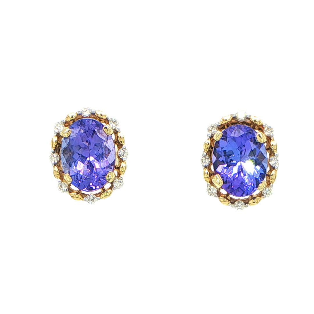 14K Yellow Gold Tanzanite & Diamond Halo Stud Earrings