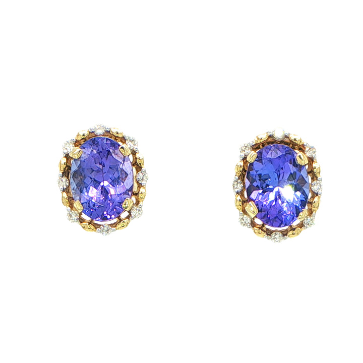 14K Yellow Gold Tanzanite & Diamond Halo Stud Earrings