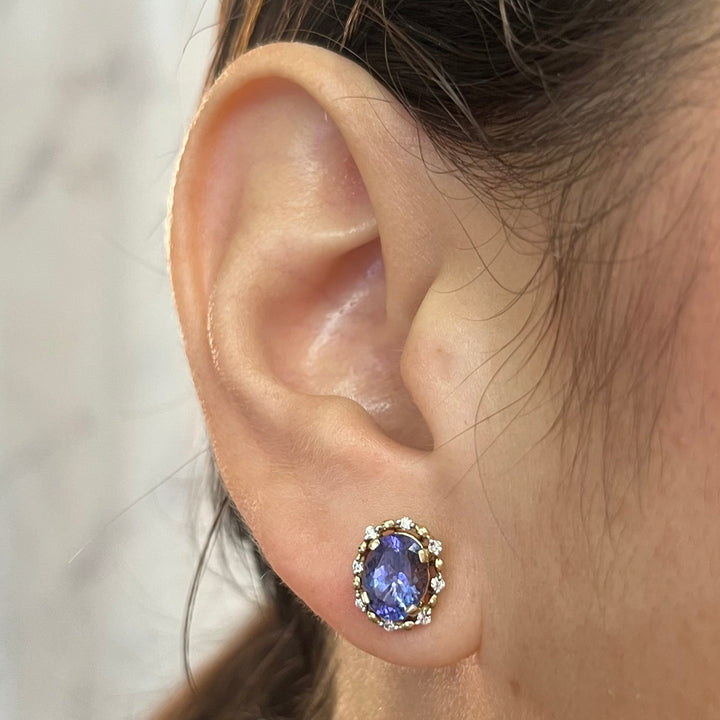 14K Yellow Gold Tanzanite & Diamond Halo Stud Earrings