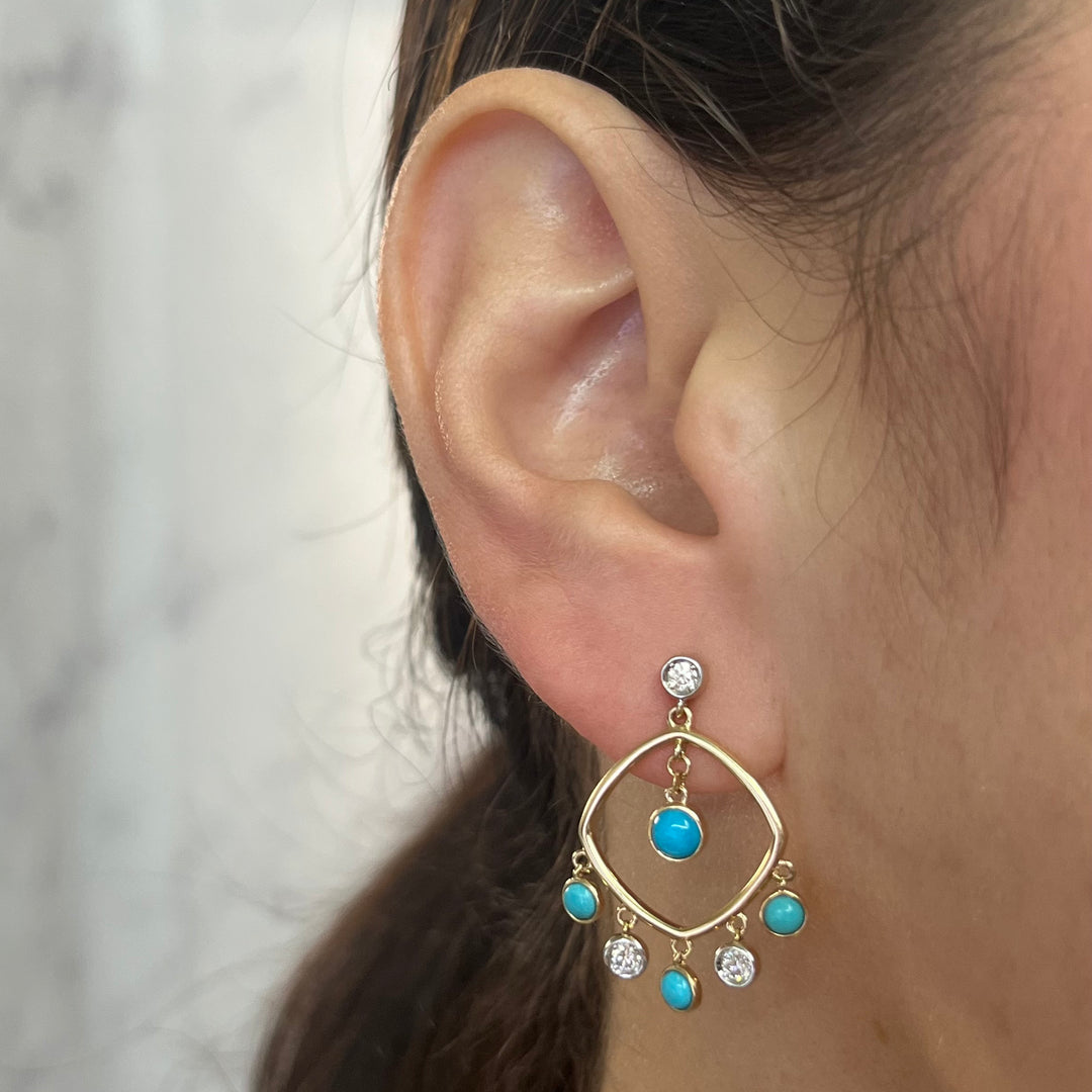 14K Yellow Gold Turquoise & Diamond Dangle Earrings