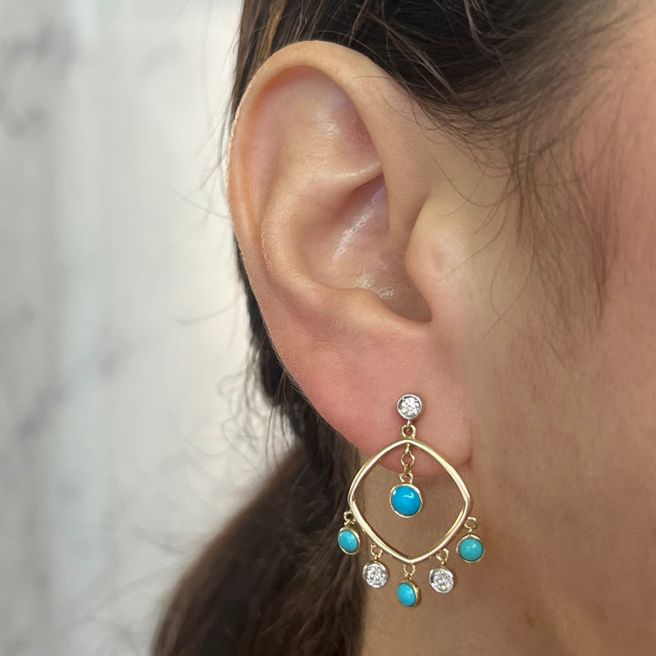 14K Yellow Gold Turquoise & Diamond Dangle Earrings
