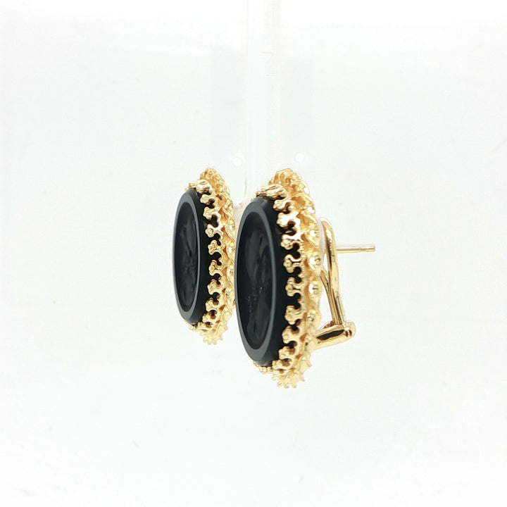 14K Yellow Gold Carved Black Onyx Earrings