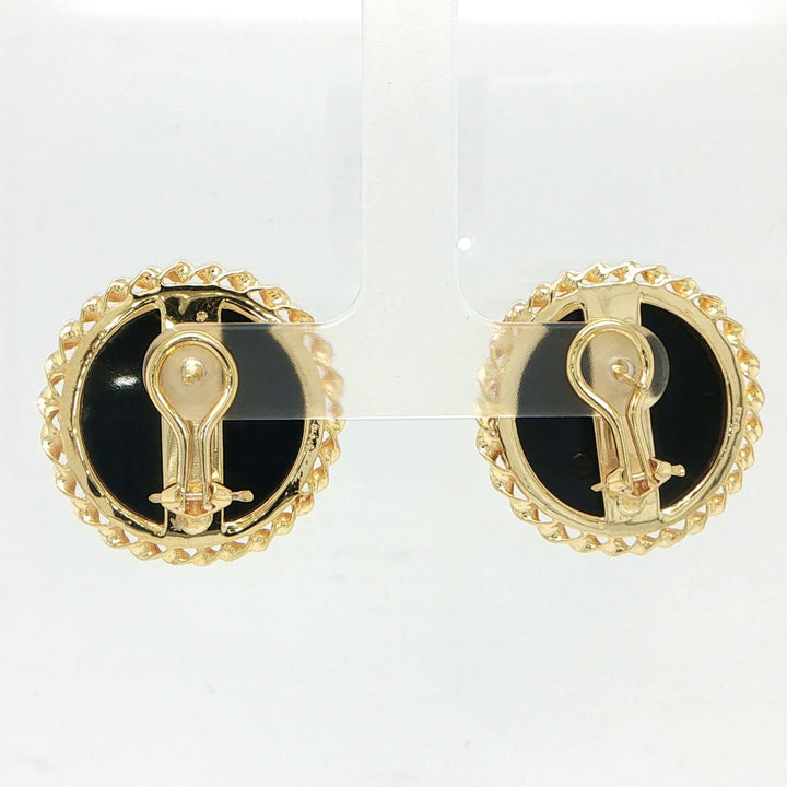 14K Yellow Gold Carved Black Onyx Earrings