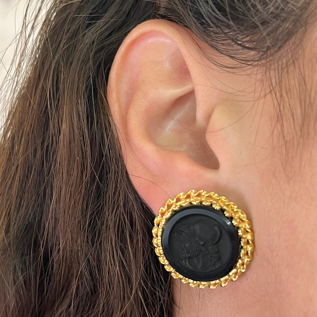 14K Yellow Gold Carved Black Onyx Earrings