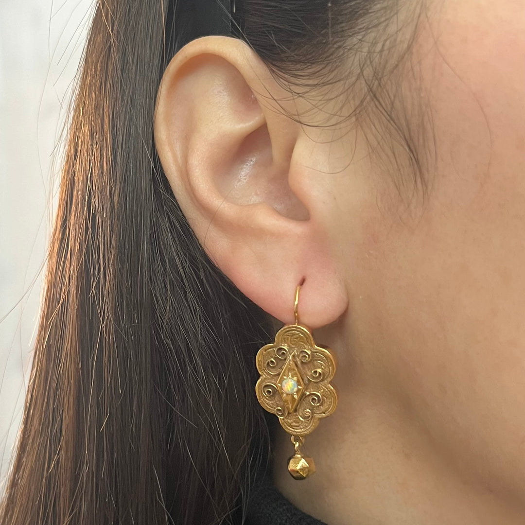 Antique 14K Yellow Gold Opal Drop Earrings