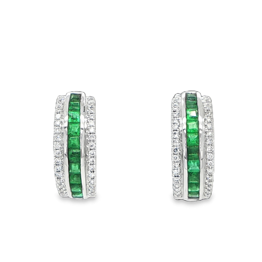14K White Gold Emerald & Diamond Huggie Hoop Earrings