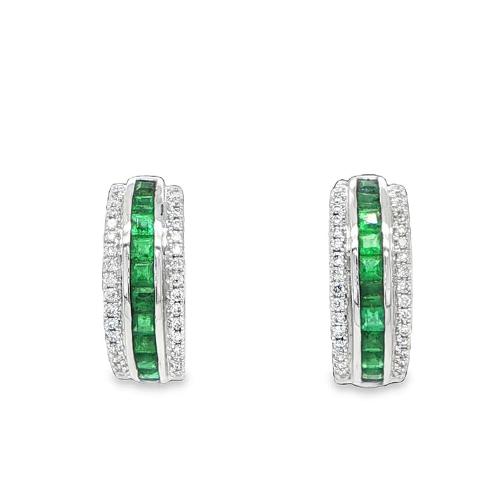 14K White Gold Emerald & Diamond Huggie Hoop Earrings