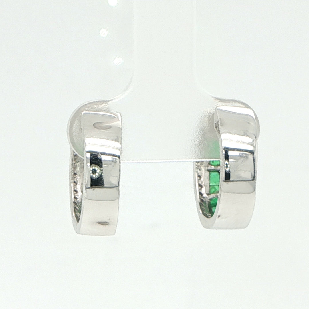 14K White Gold Emerald & Diamond Huggie Hoop Earrings