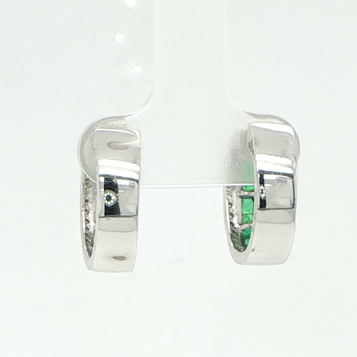 14K White Gold Emerald & Diamond Huggie Hoop Earrings