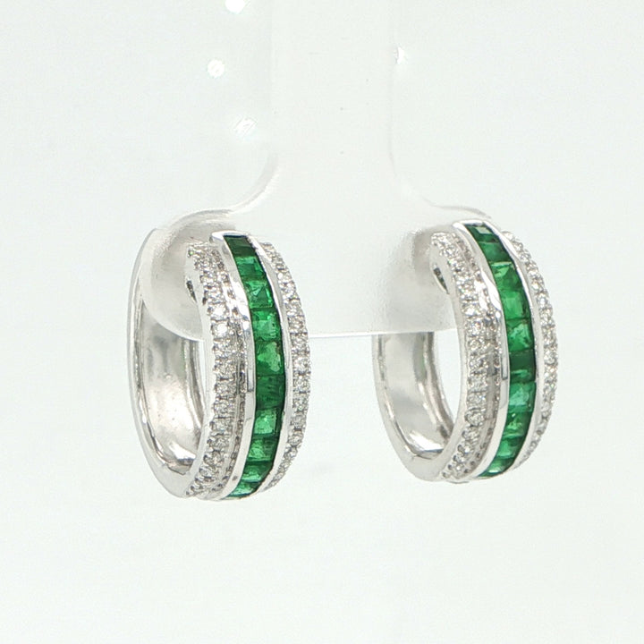 14K White Gold Emerald & Diamond Huggie Hoop Earrings
