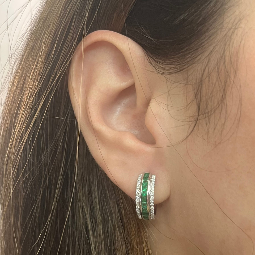 14K White Gold Emerald & Diamond Huggie Hoop Earrings
