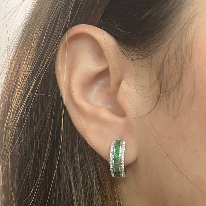 14K White Gold Emerald & Diamond Huggie Hoop Earrings