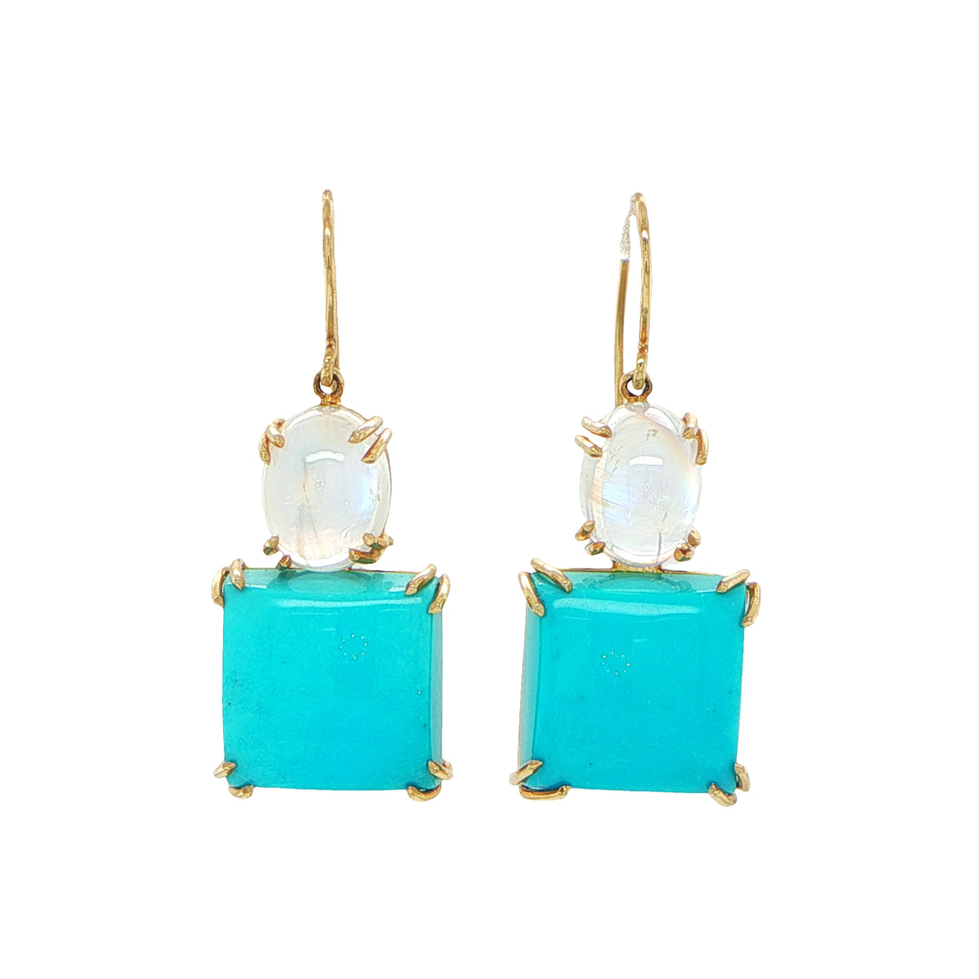 14K Yellow Gold Turquoise & Moonstone Drop Earrings