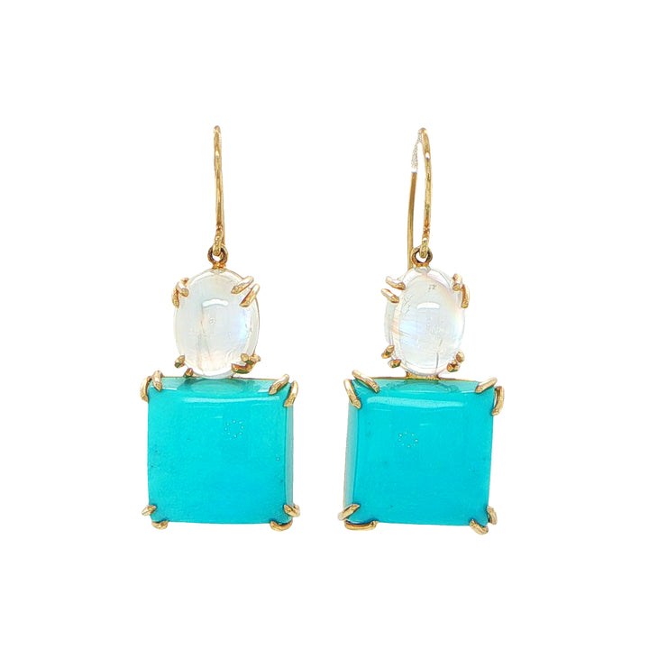 14K Yellow Gold Turquoise & Moonstone Drop Earrings