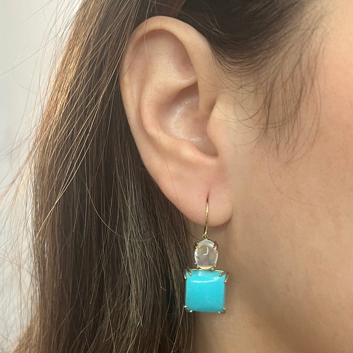 14K Yellow Gold Turquoise & Moonstone Drop Earrings