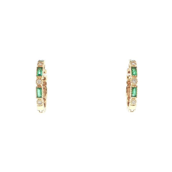 14K Yellow Gold Emerald & Diamond Hoop Earrings