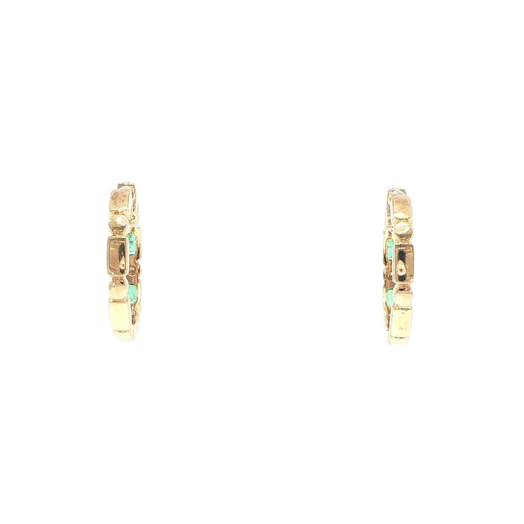 14K Yellow Gold Emerald & Diamond Hoop Earrings