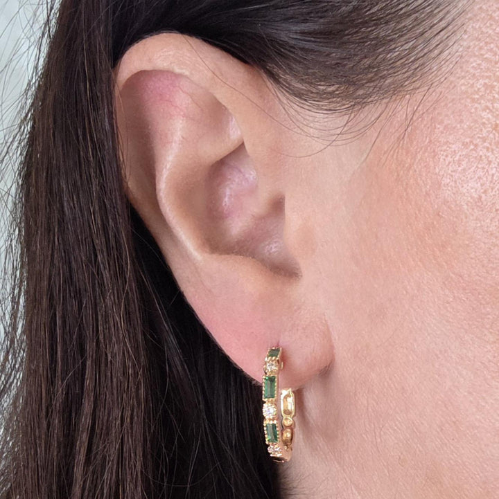 14K Yellow Gold Emerald & Diamond Hoop Earrings