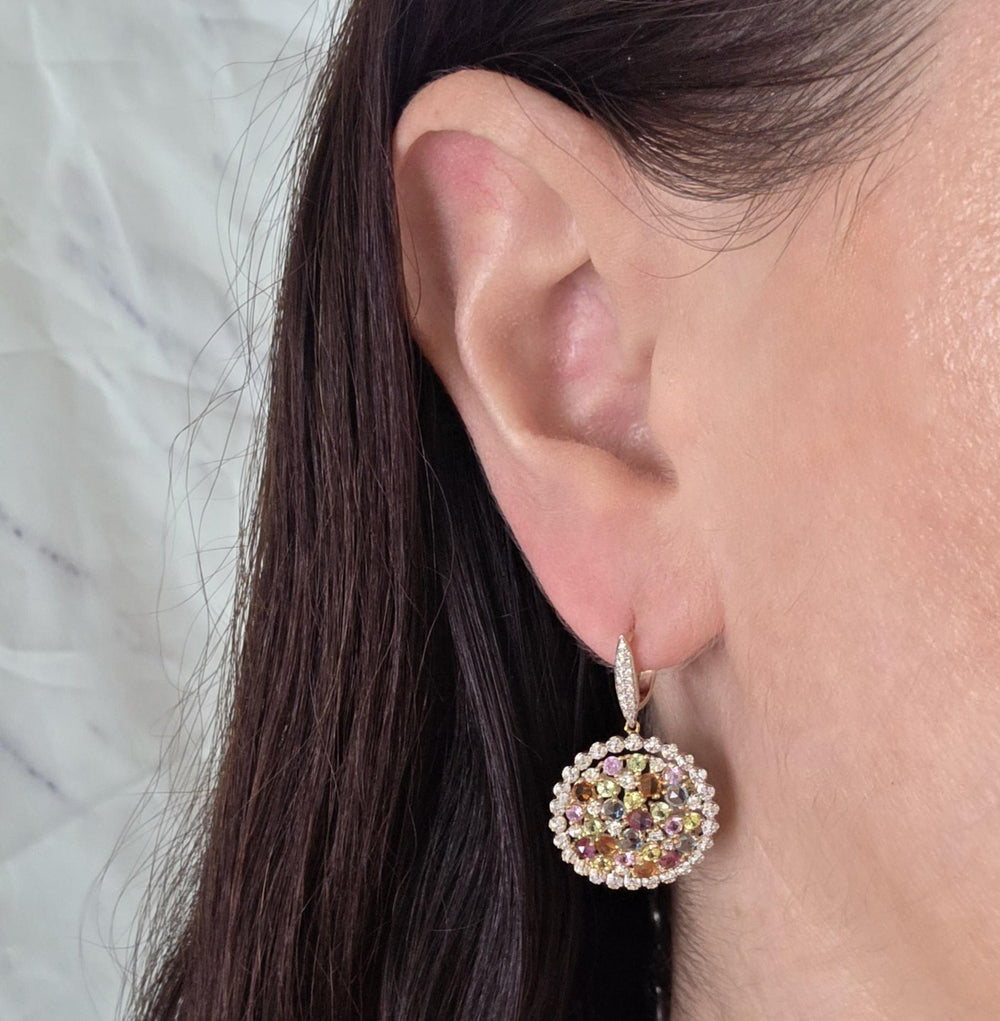 14K Yellow Gold Multi-Gemstone & Diamond Cluster Drop Earrings