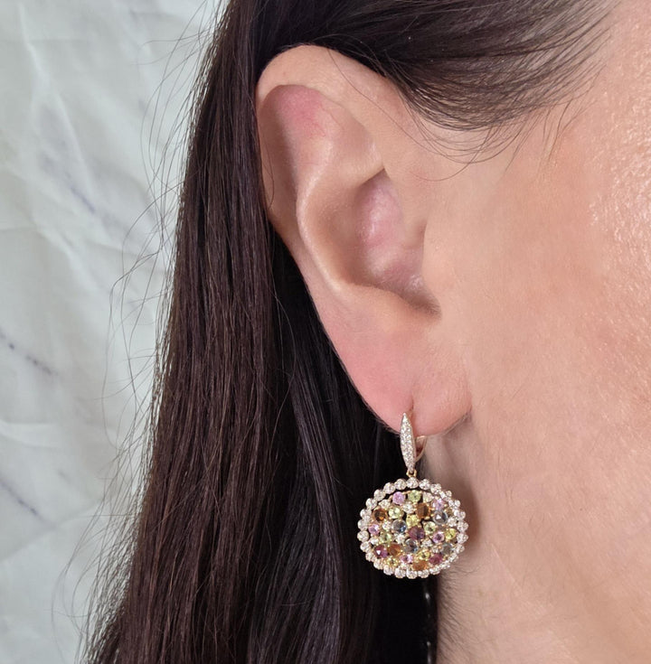 14K Yellow Gold Multi-Gemstone & Diamond Cluster Drop Earrings
