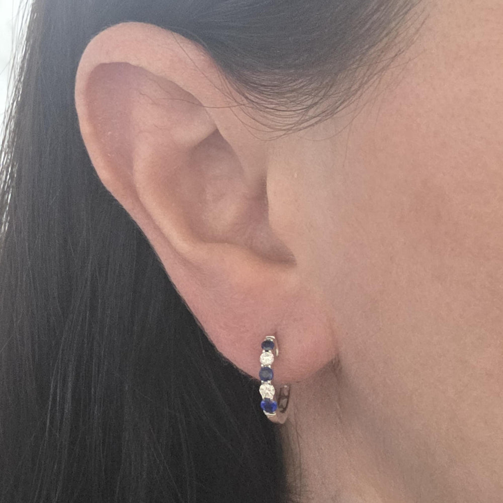 14K White Gold Sapphire & Diamond Huggie Earrings