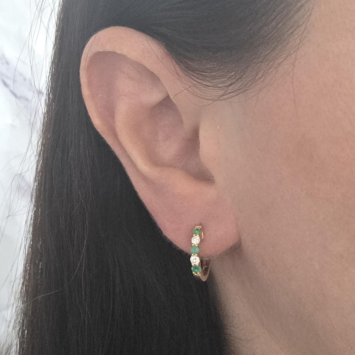 14K Yellow Gold Emerald & Diamond Huggie Earrings